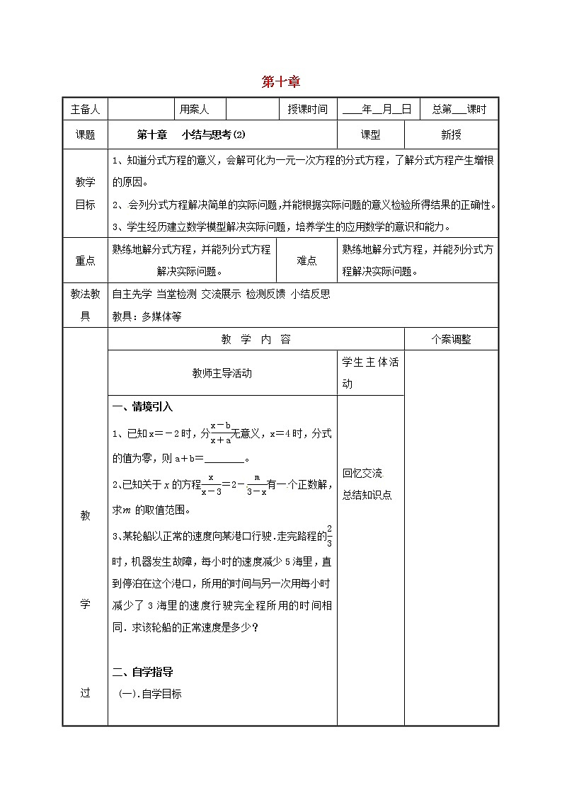2021年苏科版八年级数学下册第十章分式小结与思考2教案01