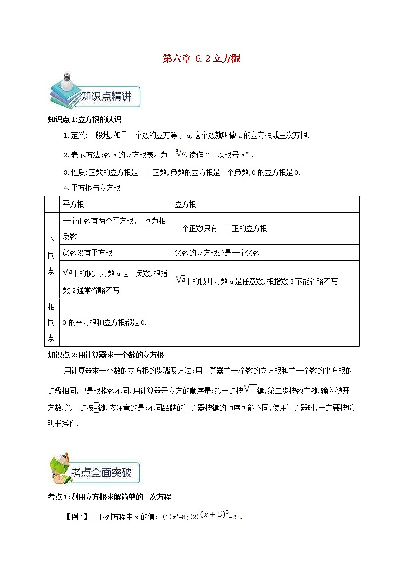 人教版2021年七年级数学下册6.2立方根 教案第1页