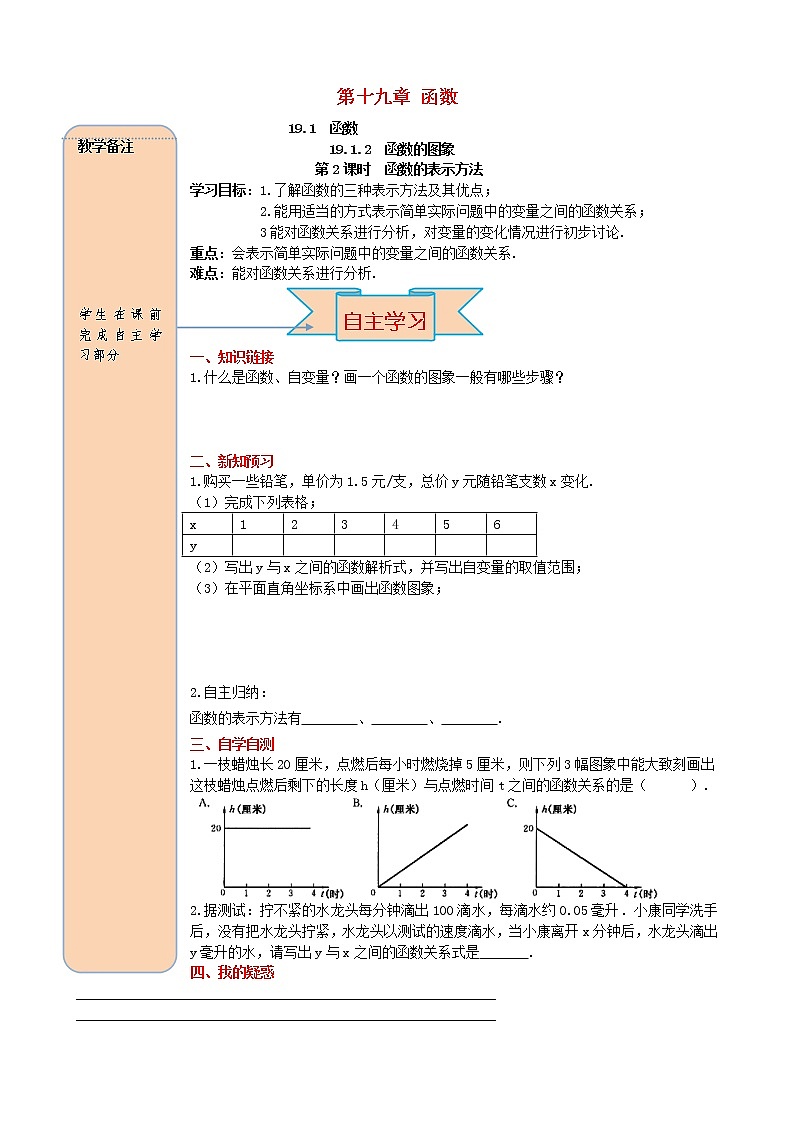 人教版2021年八年级数学下册第19.1.2函数的图象第2课时 函数的表示法 导学案第1页