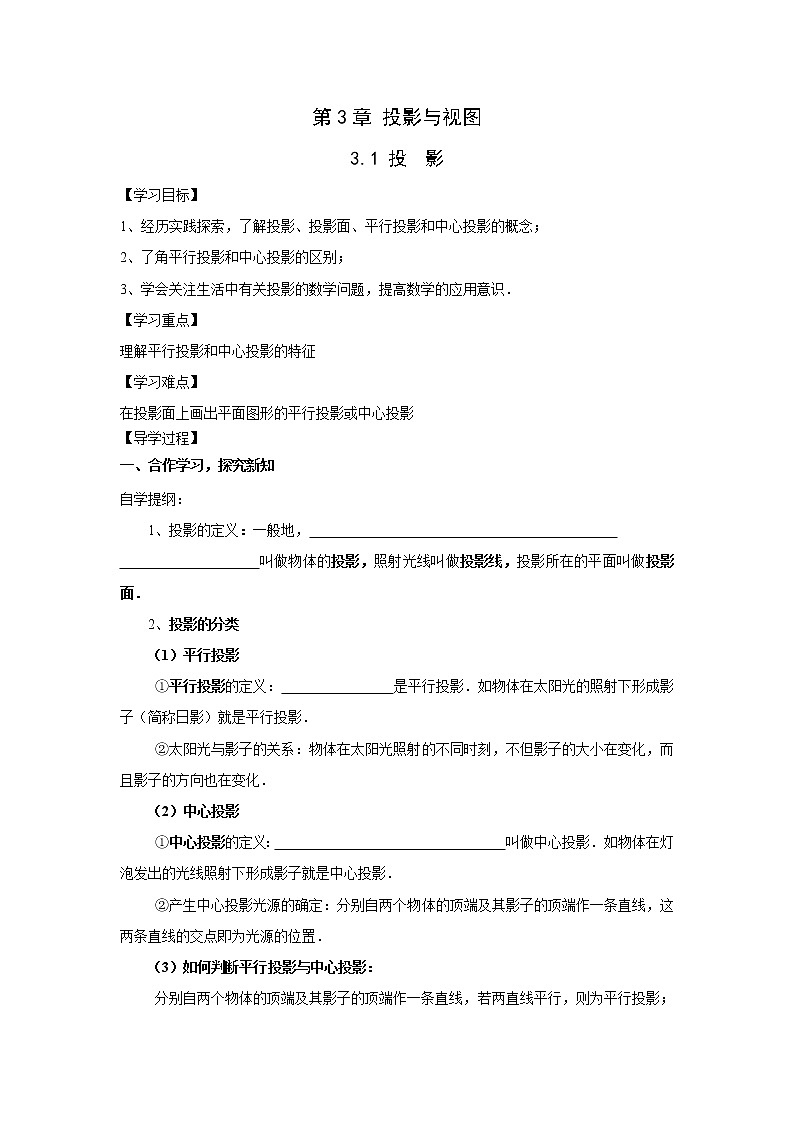 2021年湘教版九年级数学下册 3.1 投影 学案设计01