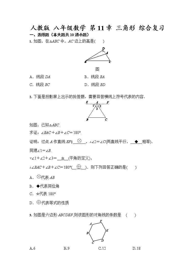 人教版 八年级上册数学 第11章 三角形 综合复习（含答案） 试卷01