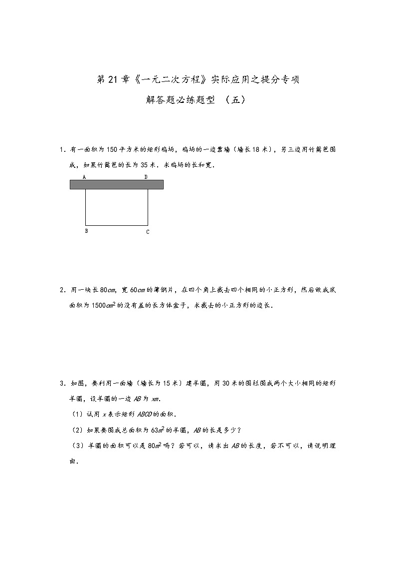 人教版九年级数学上册 第21章《一元二次方程》实际应用之提分专项解答题必练题型 （五）01