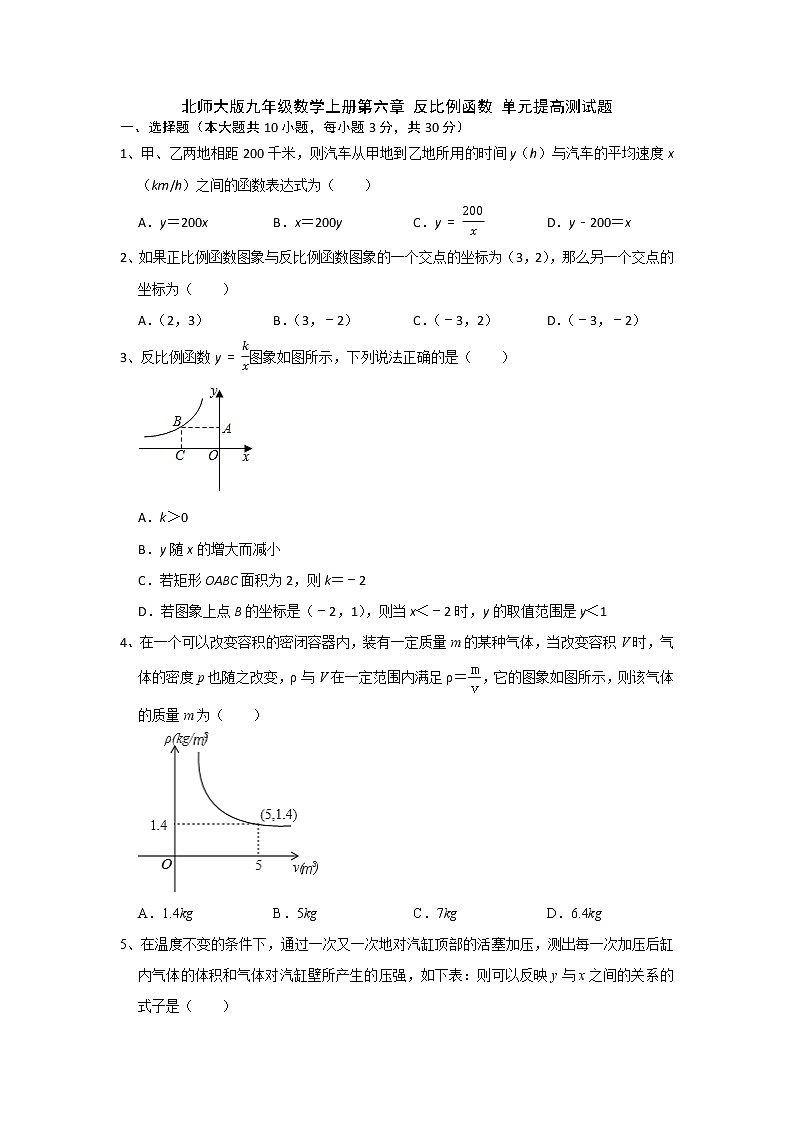 北师大版九年级数学上册第六章 反比例函数 单元提高测试题（含答案）01