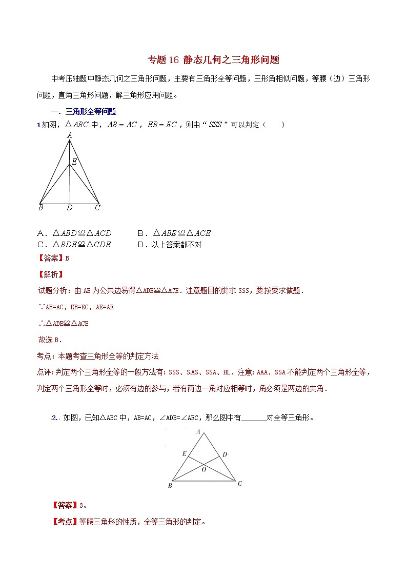 人教版华师大北师大版等通用版 中考数学 专题16 静态几何之三角形问题（含解析）01