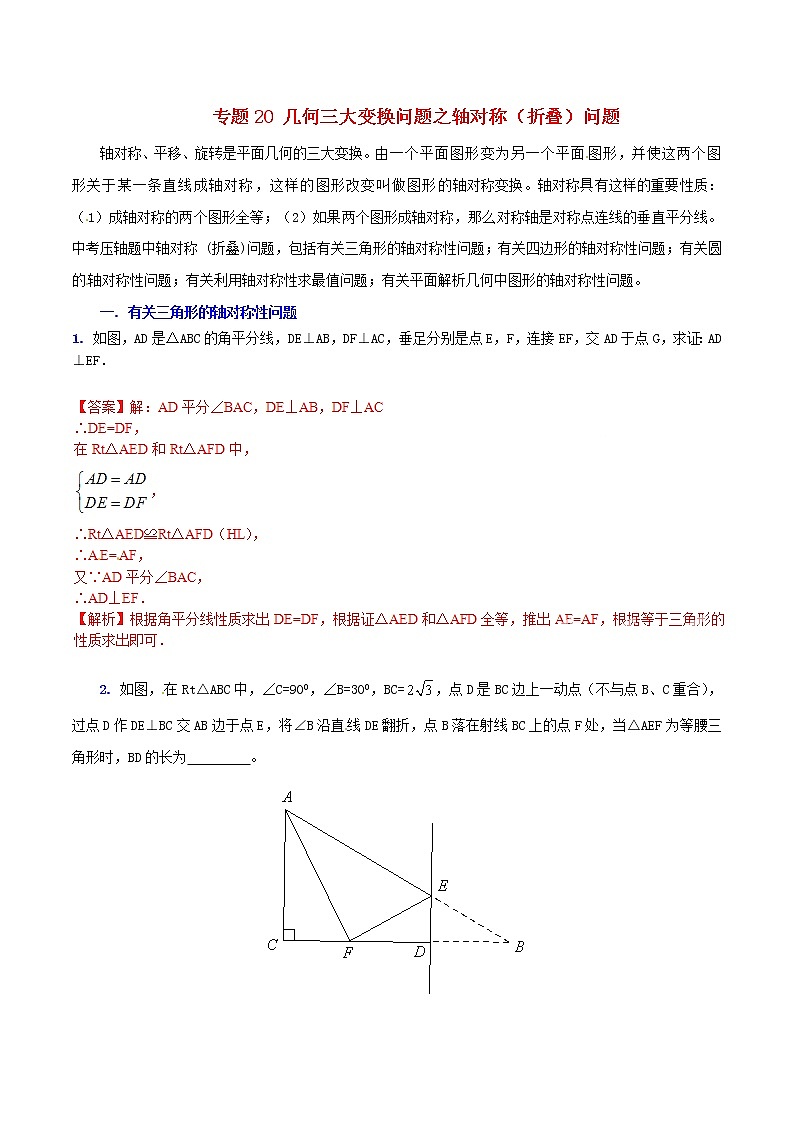人教版华师大北师大版等通用版 中考数学 专题20 几何三大变换问题之轴对称（折叠）问题（含解析）01