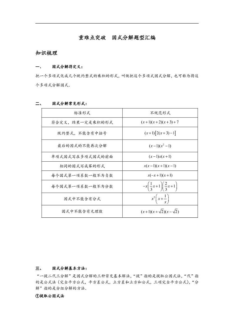 中考数学重难点突破讲义：因式分解题型汇编 培优必备素材01