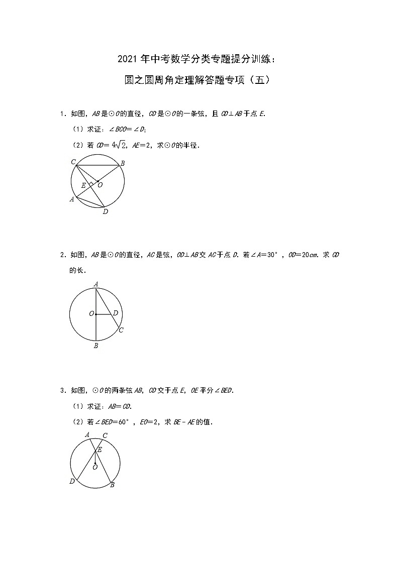 2021年中考数学分类专题提分训练：圆之圆周角定理 解答题专项（五）01