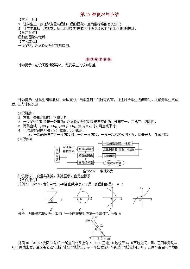 2021年华东师大版八年级数学下册17函数及其图像复习与小结学案第1页