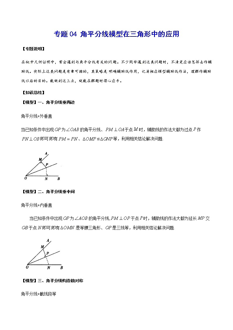 中考数学  专项训练 考点04 角平分线模型在三角形中的应用01