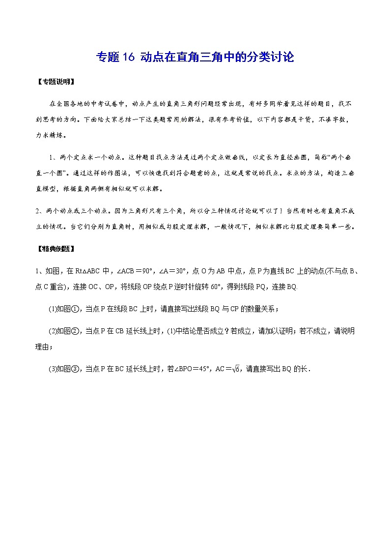 中考数学  专项训练 考点16 动点在直角三角中的分类讨论(基础)01