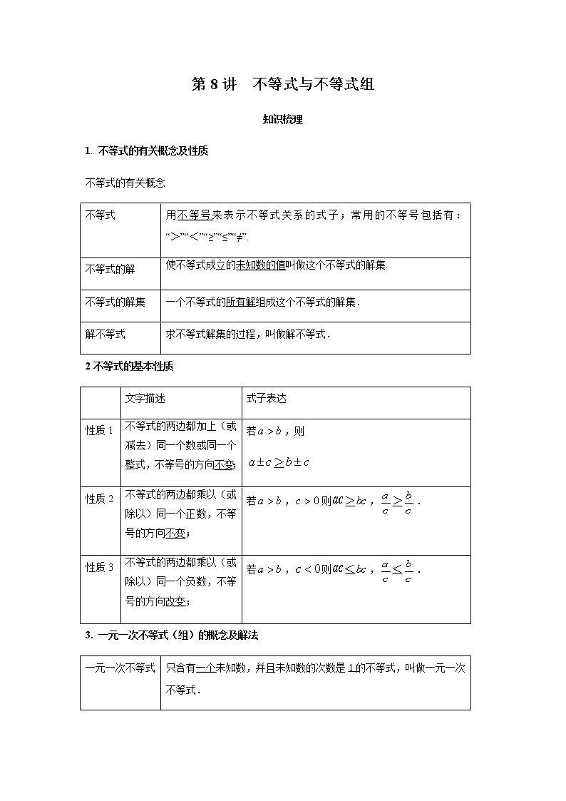 2021年 广东省 中考数学 一轮复习备考    第8讲 不等式与不等式组 学案01