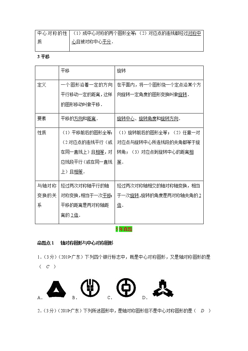 2021年 广东省 中考数学 一轮复习备考   第29讲 图形的轴对称、平移和旋转 学案02