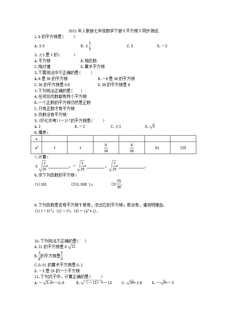 2021年人教版数学七下6.1《平方根》同步测试（含答案）01