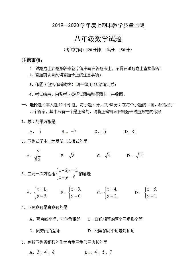 重庆市南岸区2019-2020学年八年级上学期期末教学质量监测数学试题（北师大word版有答案）01
