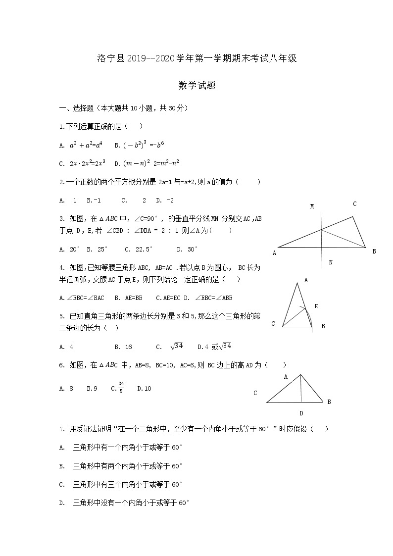 河南省洛阳市洛宁县实验一中2019-2020学年八年级上期期末考试数学试卷（word版有答案）01