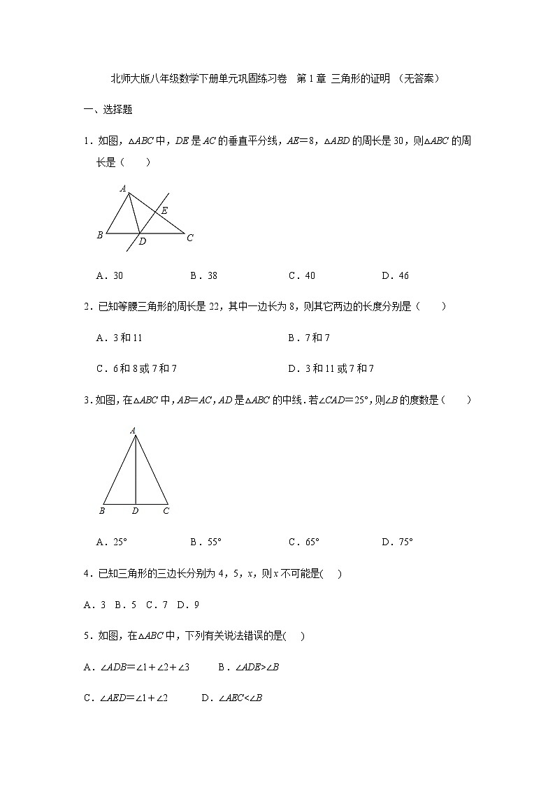 北师大版八年级数学下册单元巩固练习卷  第1章 三角形的证明 （无答案）01