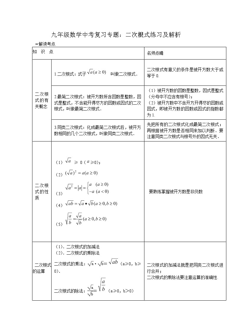 九年级数学中考复习专题：二次根式练习及解析第1页