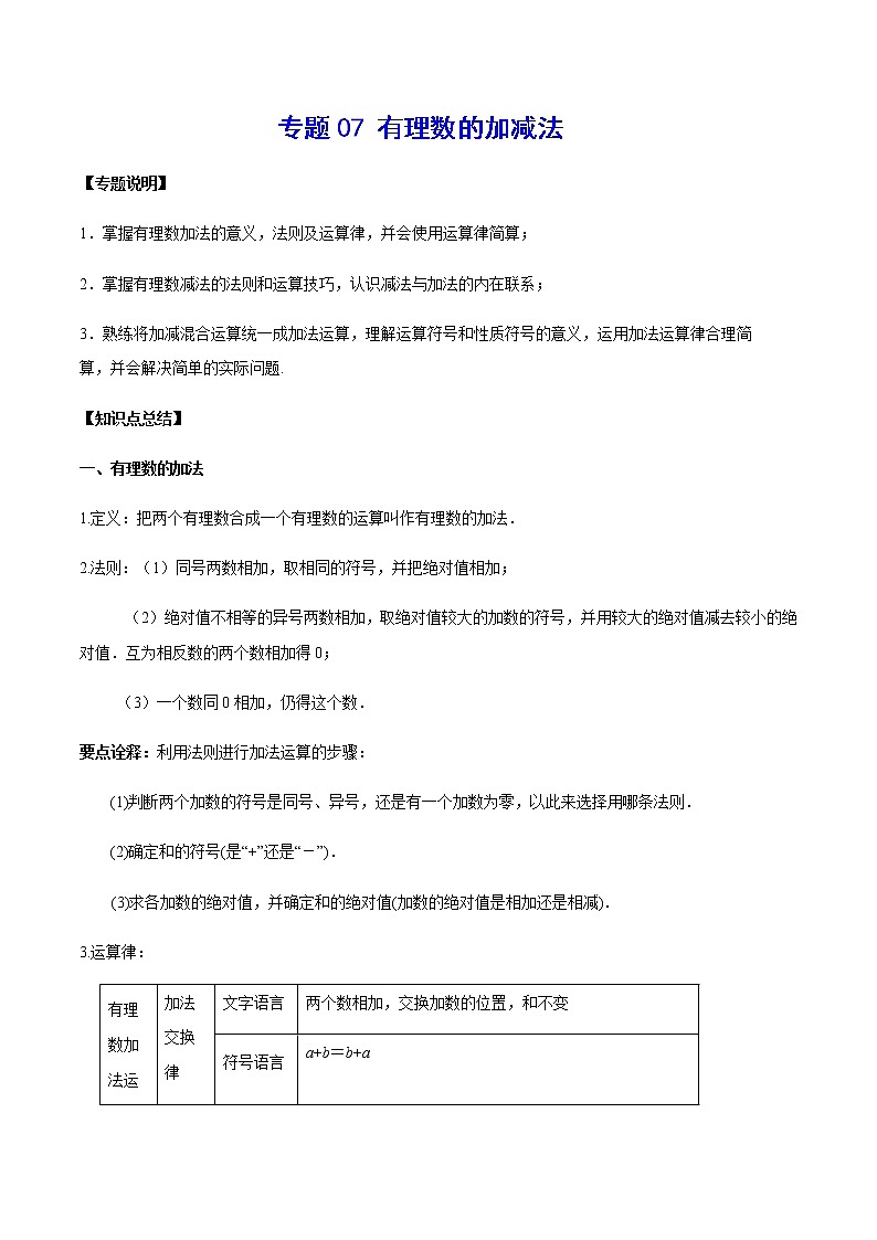 2020-2021学年北师大版初一数学上册难点突破讲义07 有理数的加减法01