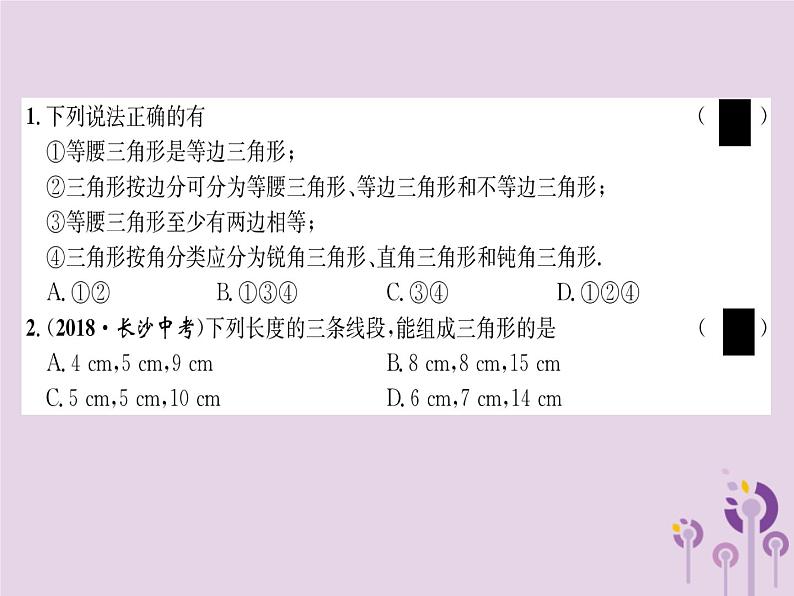 八年级数学上册第11章三角形11-1与三角形有关的线段11-1-1三角形的边（练习手册）课件02