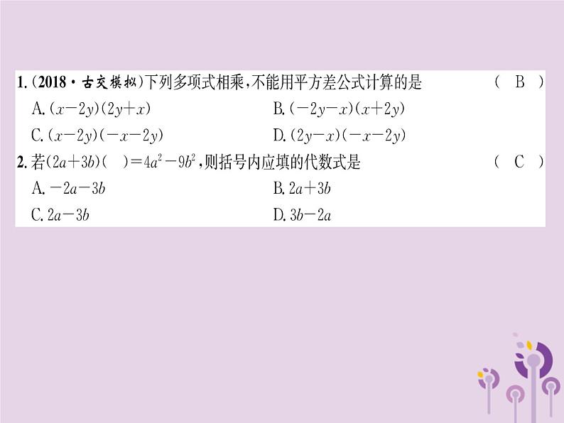 八年级数学上册第14章整式的乘法与因式分解14-2乘法公式14-2-1平方差公式（练习手册）课件第2页