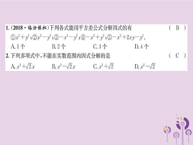 八年级数学上册第14章整式的乘法与因式分解14-3因式分解14-3-2公式法第1课时运用平方差公式分解因式（练习手册）课件02