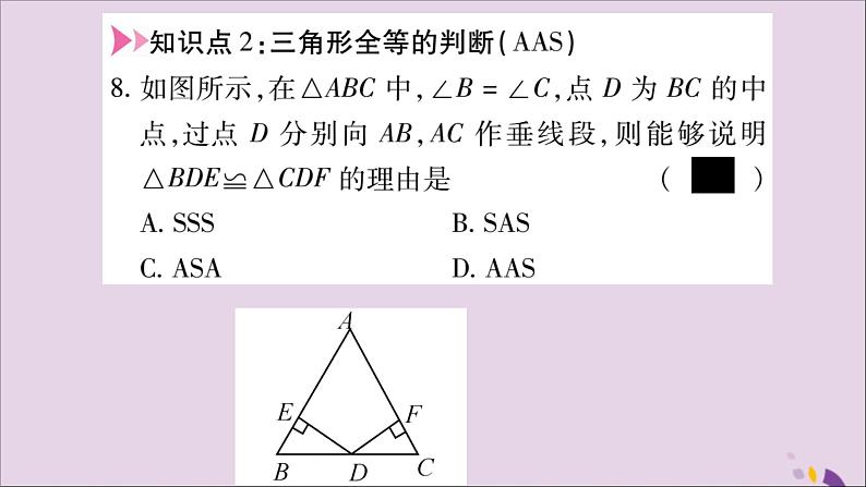 八年级数学上册第十二章全等三角形12-2三角形全等的判定第3课时三角形全等的判定（三）（ASA，AAS）习题课件第8页