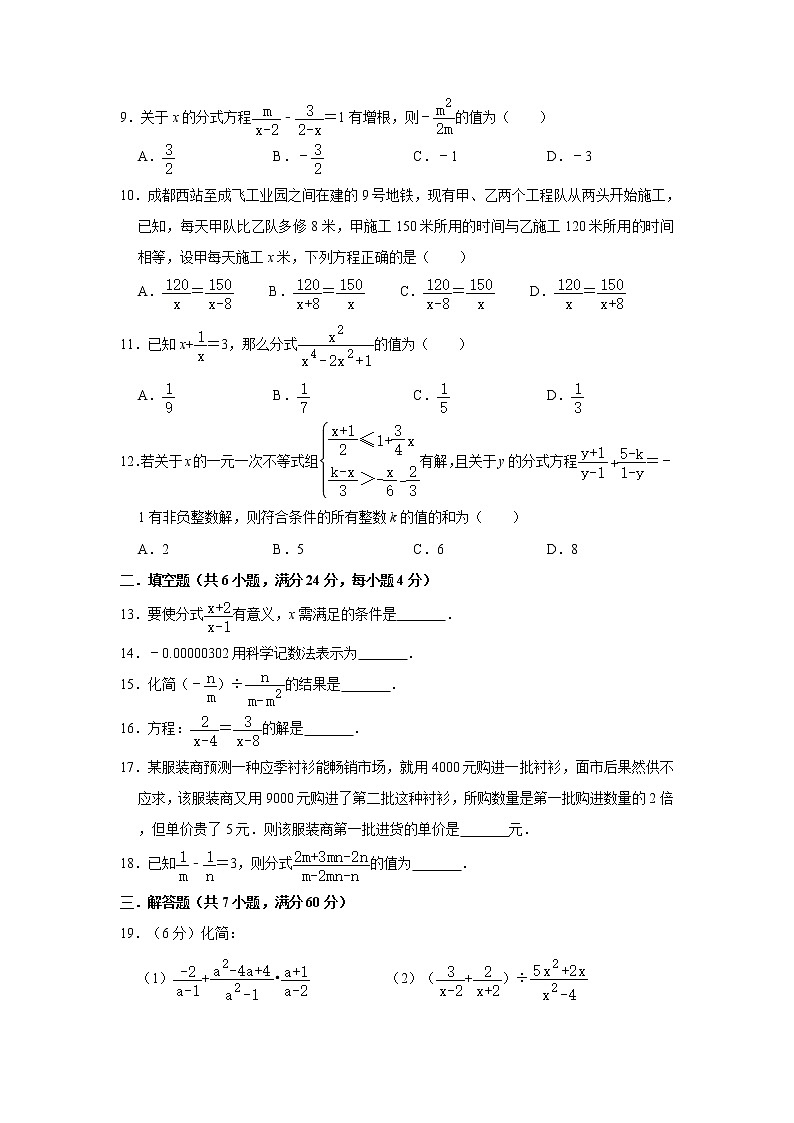 人教版2020年八年级上册第15章《分式》单元测试卷    解析版02