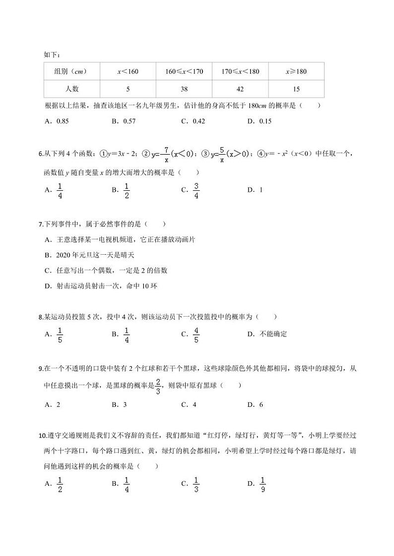 2020-2021学年人教版九年级数学上册课时同步练 第25章 概率初步单元测试（基础卷）（原卷版）02