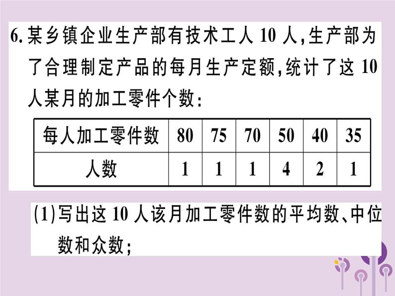 2019春八年级数学下册第二十章《数据的分析》20-1数据的集中趋势20-1-2-2平均数、中位数和众数的应习题课件第8页