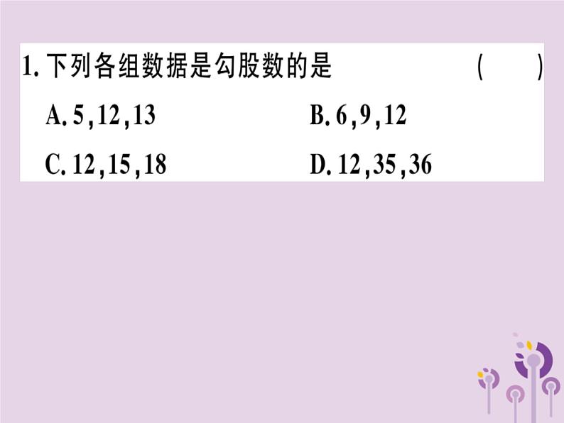 2019春八年级数学下册第十七章《勾股定理》17-2勾股定理的逆定理17-2-2勾股定理的逆定理的应用习题课件02