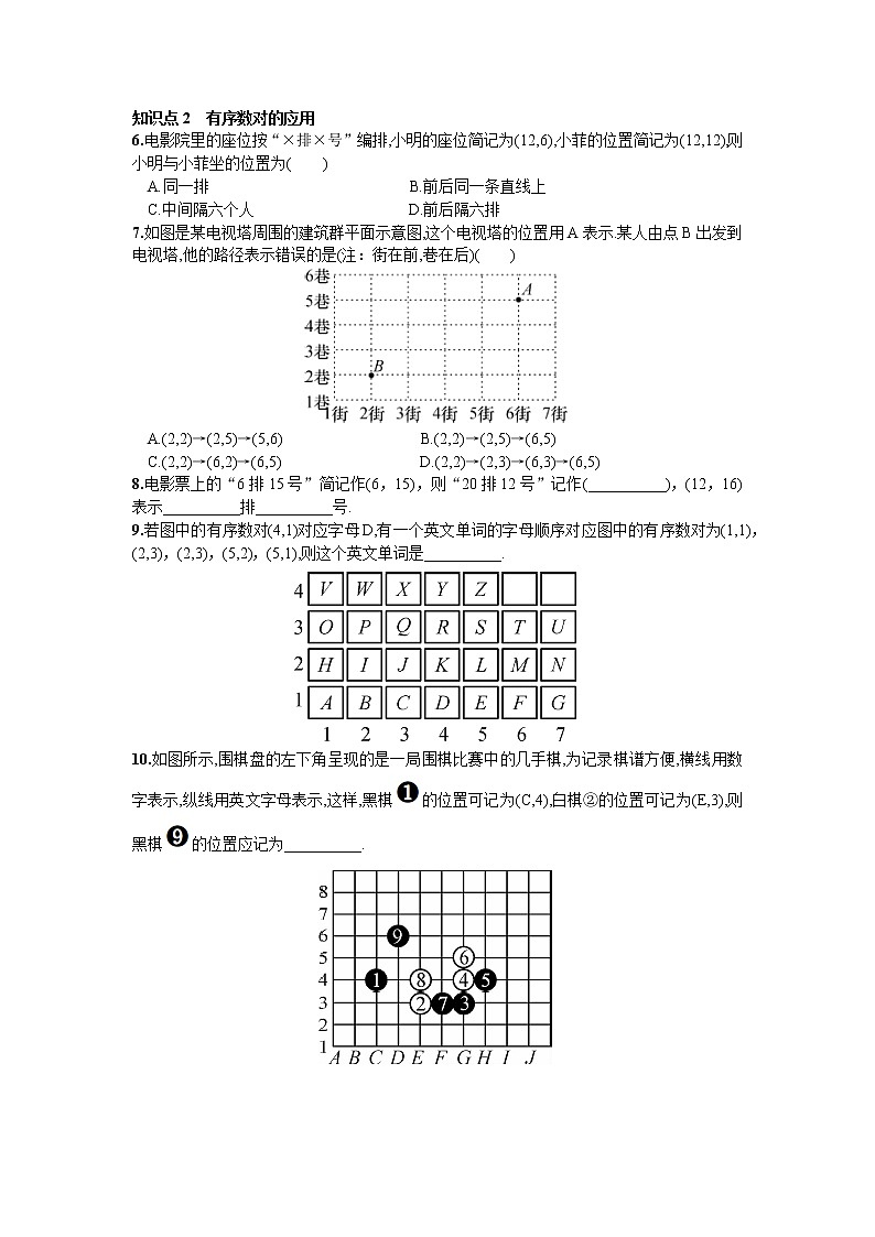 人教版七年级下册数学第七章同步练习题 7.1.1  有序数对 精品练习试卷02
