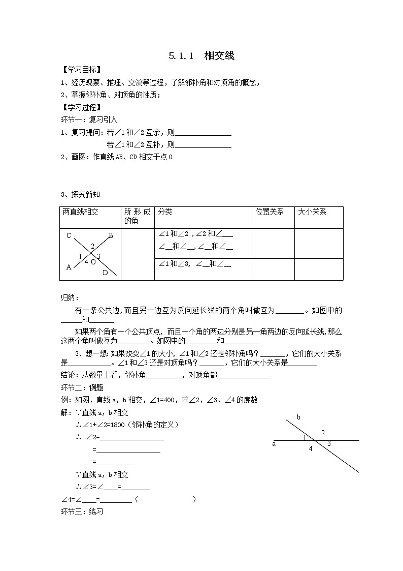 人教版七年级下册数学精品学案5.1.1 相交线 101