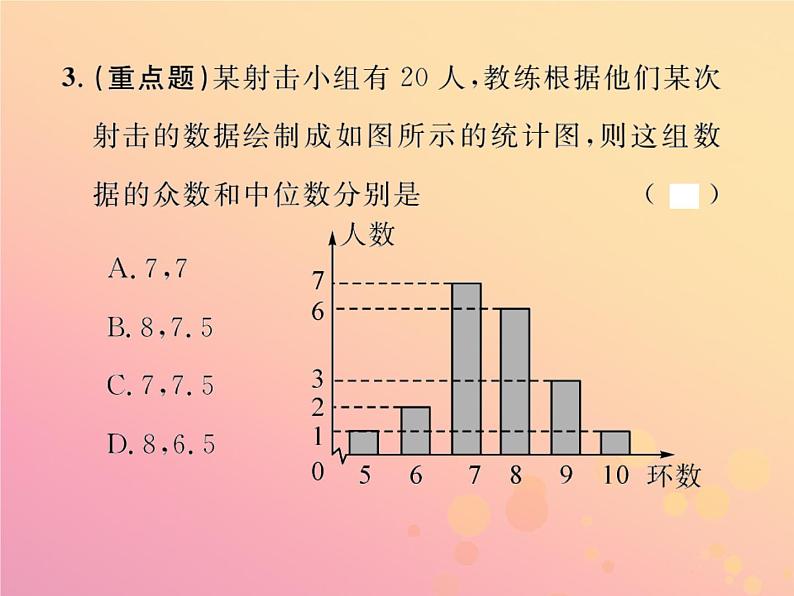 2019年春八年级数学下册第20章数据的分析20-1数据的集中趋势20-1-2中位数和众数第1课时中位数和众数课后作业课件第3页