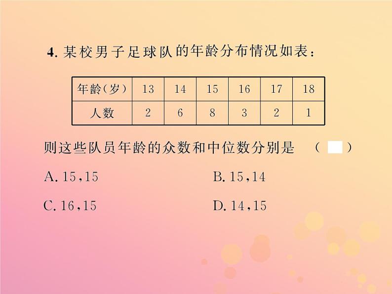 2019年春八年级数学下册第20章数据的分析20-1数据的集中趋势20-1-2中位数和众数第1课时中位数和众数课后作业课件第4页