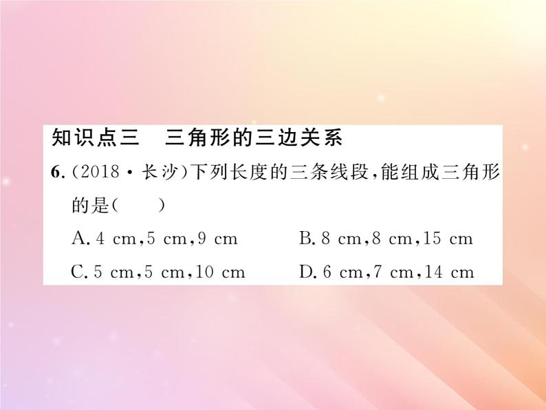 2019秋八年级数学上册第2章三角形2-1三角形（第1课时三角形的有关概念及三边关系）习题课件（新版）湘教版06