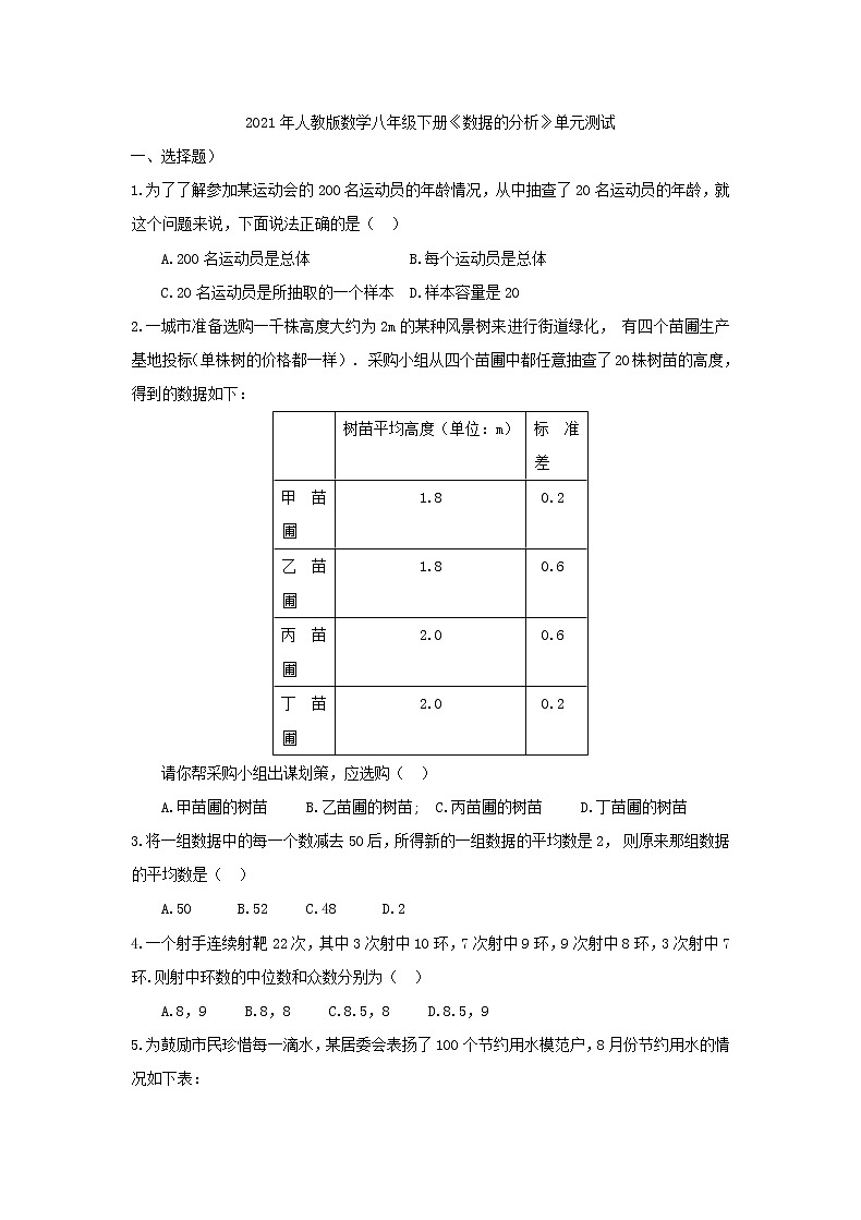 2021年人教版数学八年级下册《数据的分析》单元测试一（含答案）01