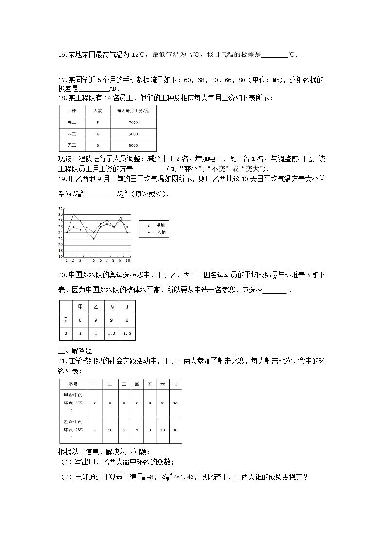 2021年人教版数学八年级下册20.2 《数据的波动程度》同步练习（含答案）03