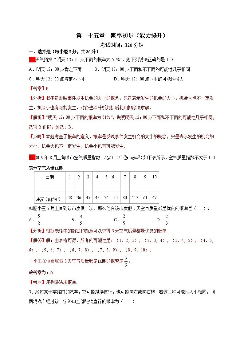 2020-2021学年初三数学第二十五章 概率初步（能力提升） 试卷01
