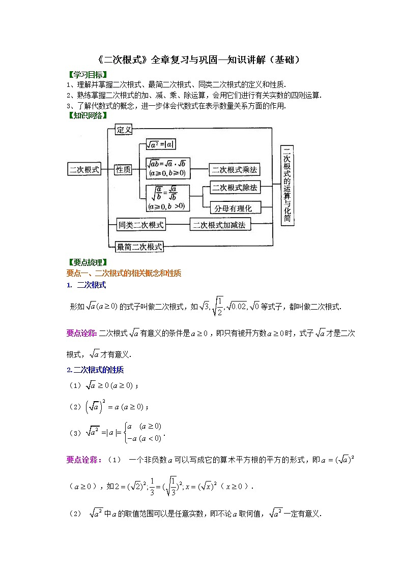 二次根式全章复习与巩固（基础）知识讲解01