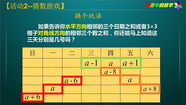 人版初一数学活动《月历中的数学》段碧（PPT课件）第7页