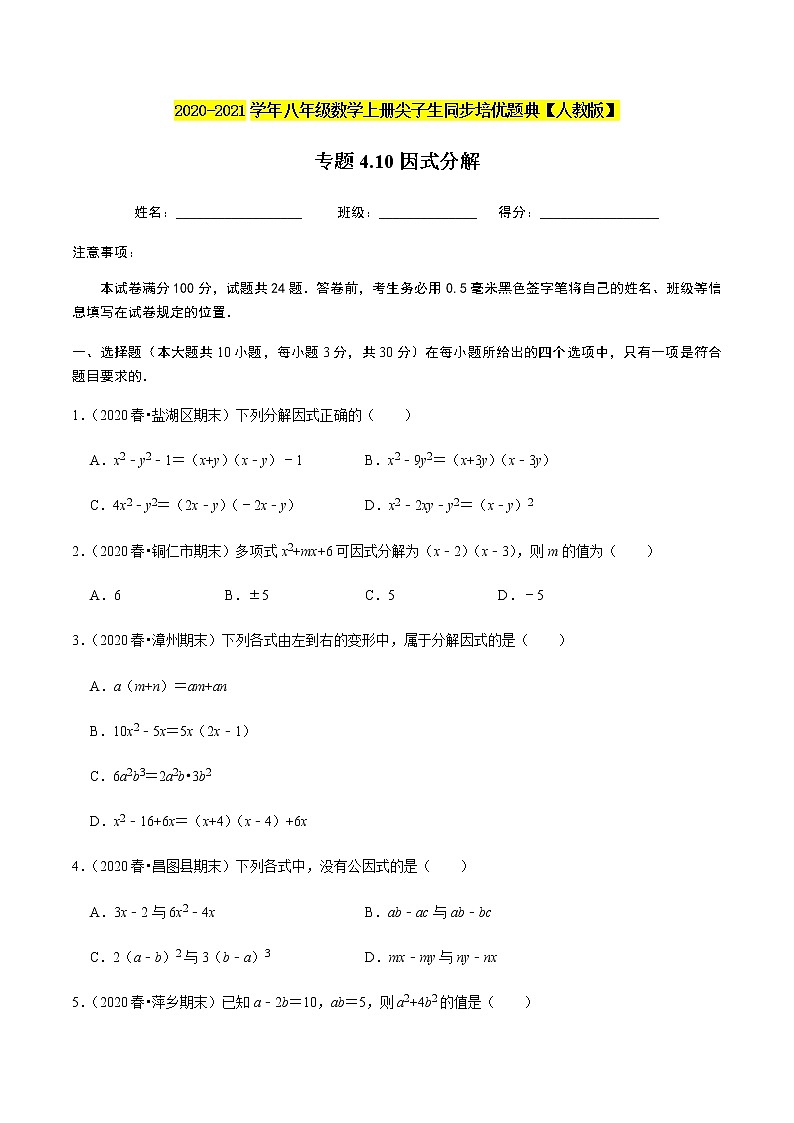 2020-2021学年人教版八年级数学上册同步培优题典  专题4.10因式分解（原卷版）01