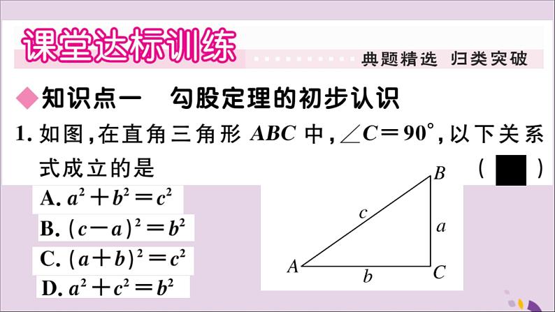 八年级数学上册第14章勾股定理14-1勾股定理14-1-1直角三角形三边的关系第1课时探索直角三角形三边的关系习题课件03