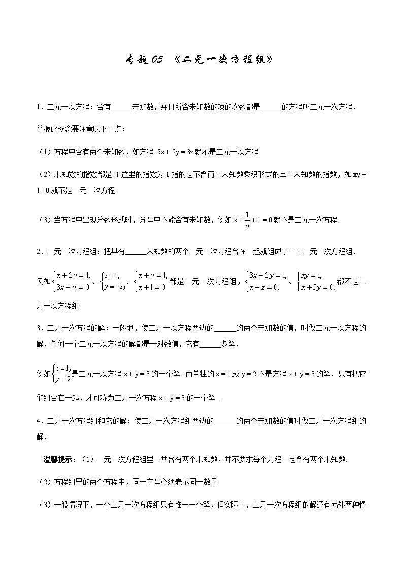 2020-2021学年 北师大版八年级数学上册期末冲刺      专题05《二元一次方程组》（北师大版）（学生版）第1页