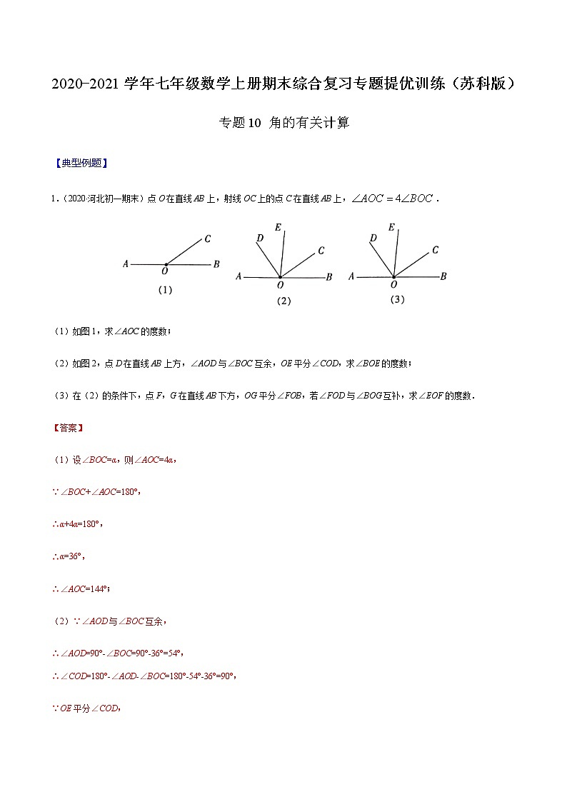 2020-2021学年 苏教版七年级数学上册期末复习冲刺     专题10 角的有关计算（教师版）01