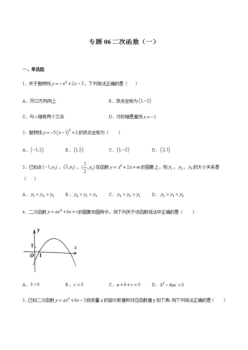 2020-2021学年沪教版九年级数学上期末冲刺 精专题06 二次函数（一）（学生版）01