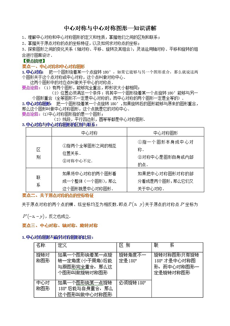 中心对称与中心对称图形--知识讲解01