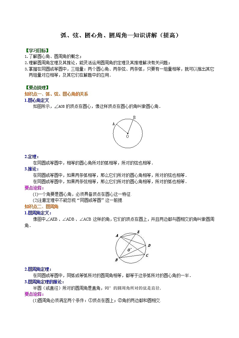 弧、弦、圆心角、圆周角—知识讲解（提高）01