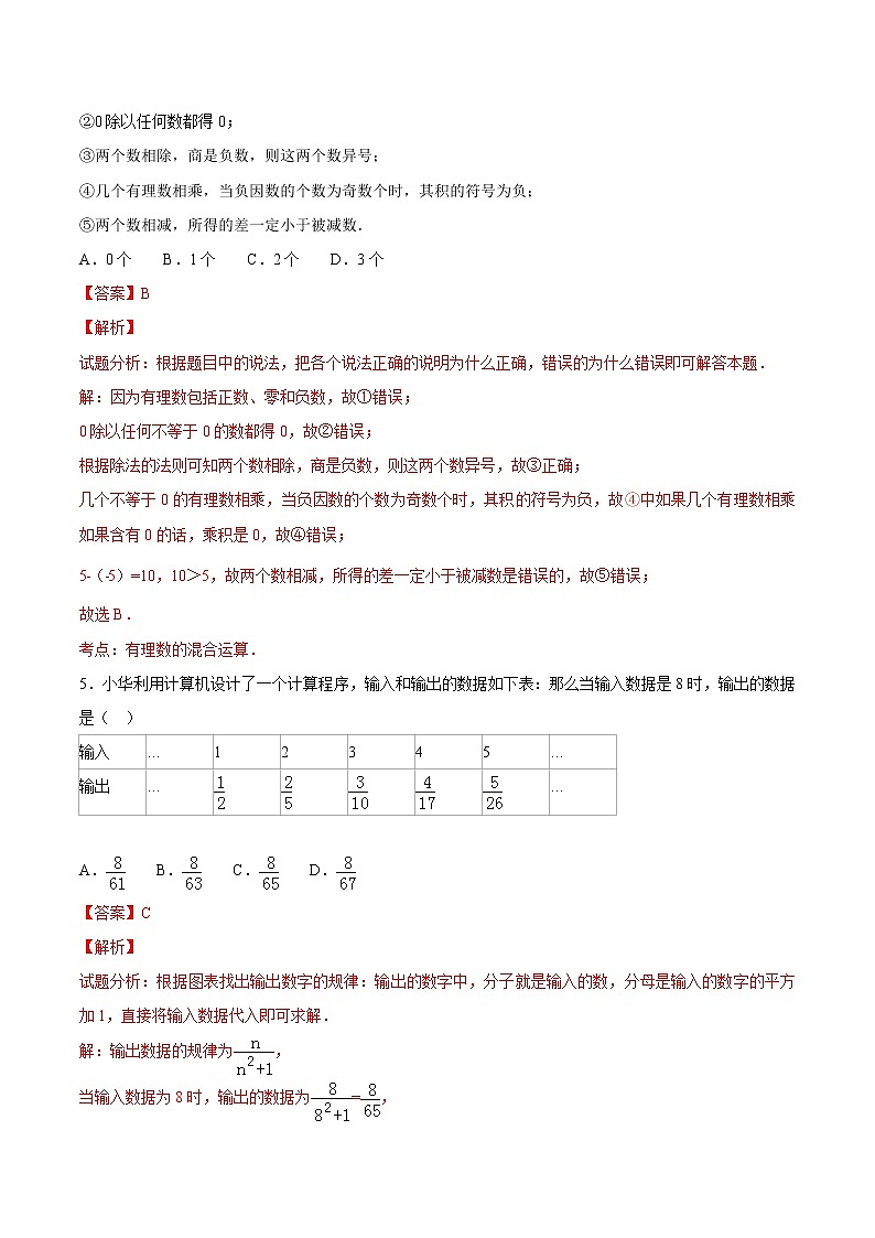 【精品试题】人教版 七年级上册数学 1.4.2 有理数的除法（1）测试卷（含解析）02