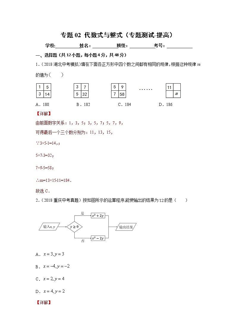 【精品试卷】中考数学一轮复习 专题测试02 代数式与整式（培优提高）（教师版）01