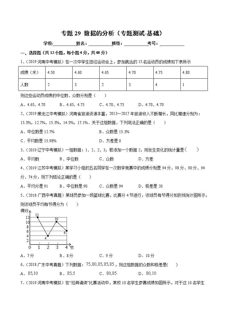 【精品试卷】中考数学一轮复习 专题测试-29 数据的分析（基础）（学生版）01